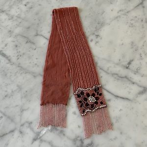 Megan Park Beaded Silk Scarf Necklace Neckerchief Coral Crystal Floral Fringe